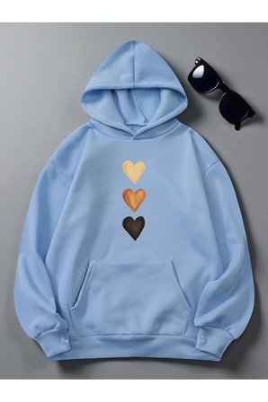 Unisex Sirali Kalp Baskılı Oversize Sweatshirt