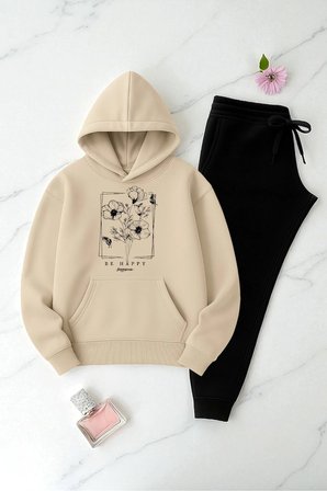Unisex Be Happy Baskılı Oversize Sweatshirt Takım