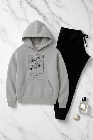 Unisex Be Happy Baskılı Oversize Sweatshirt Takım