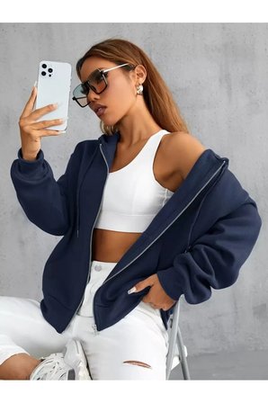 Unisex lacivert Fermuarlı Kapüşonlu Sweatshirt