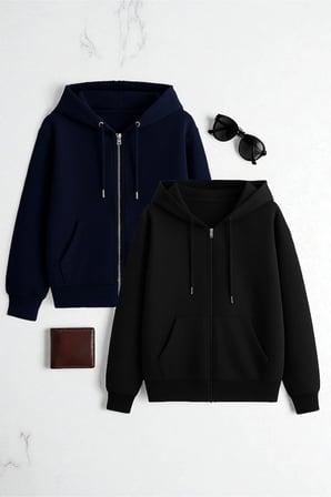 Unisex Lacivert & Siyah Fermuar Kapüşonlu Sweatshirt 2 ' li Fırsat Paketi