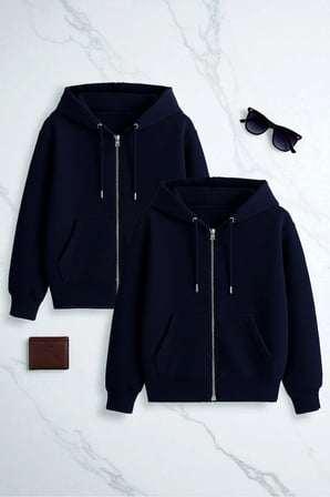 Unisex Lacivert & Lacivert Fermuar Kapüşonlu Sweatshirt 2 ' li Fırsat Paketi