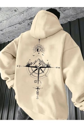 Unisex Yon Gosteren Pusula Baskılı Oversize Sweatshirt