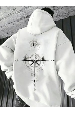Unisex Yon Gosteren Pusula Baskılı Oversize Sweatshirt