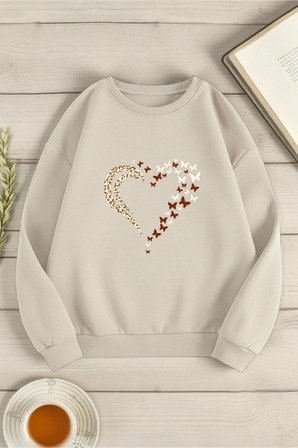 Unisex Leopar Kalp Desenli Baskılı Oversize Sweatshirt