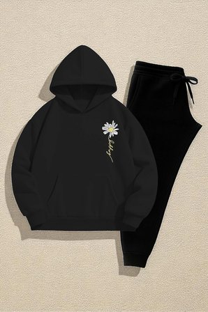 Unisex Papatya Happy Baskılı Tasarım Oversize Sweatshirt Eşofman Takım