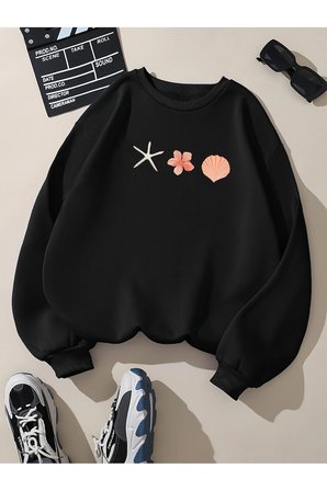 Unisex Istiridye Kabuklari Baskılı Tasarım Oversize Sweatshirt