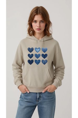 Unisex Jean Desenli Kalp Baskılı Tasarım Oversize Sweatshirt