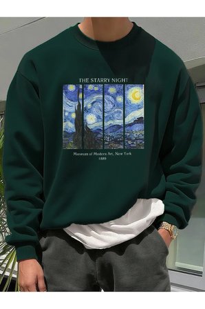 Unisex The Starry Night Baskılı Oversize Sweatshirt