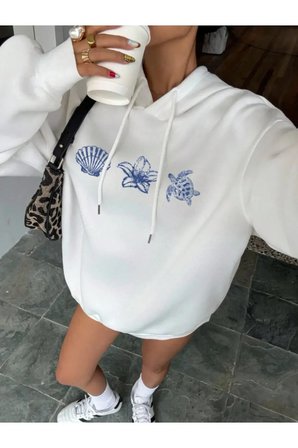 Unisex Deniz Istiridye Baskılı Tasarım Oversize Sweatshirt