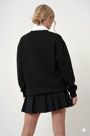 Unisex Leopar Desenli Kalp Baskılı Oversize Bisiklet Yaka Sweatshirt
