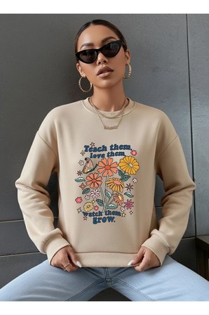 Unisex Teach them love them Baskılı Oversize Bisiklet Yaka Sweatshirt