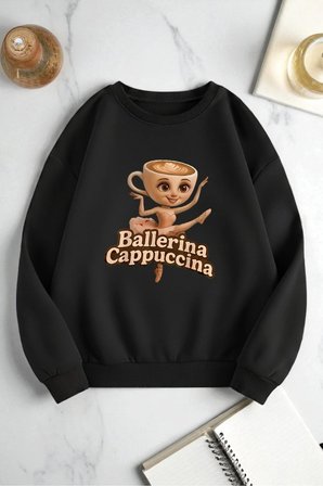 Unisex Ballerina Cappucina Baskılı Oversize Bisiklet Yaka Sweatshirt