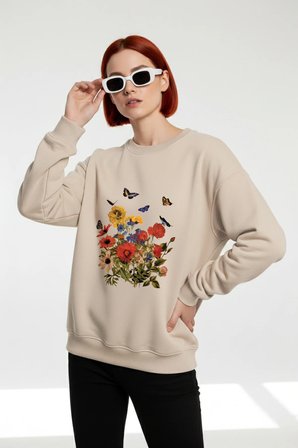 Unisex Renkli Cicekler Baskılı Oversize Bisiklet Yaka Sweatshirt
