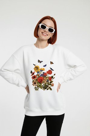 Unisex Renkli Cicekler Baskılı Oversize Bisiklet Yaka Sweatshirt
