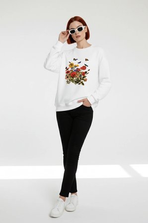Unisex Renkli Cicekler Baskılı Oversize Bisiklet Yaka Sweatshirt