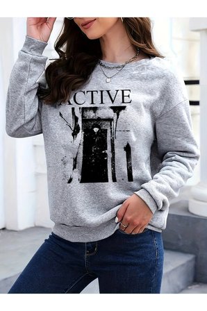 Unisex Active Baskılı Oversize Bisiklet Yaka Sweatshirt