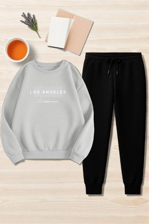 Unisex Los Angeles Baskılı Oversize Bisiklet Yaka Sweatshirt 2'li Eşofman Takımı