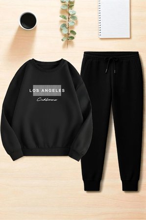 Unisex Los Angeles Baskılı Oversize Bisiklet Yaka Sweatshirt 2'li Eşofman Takımı