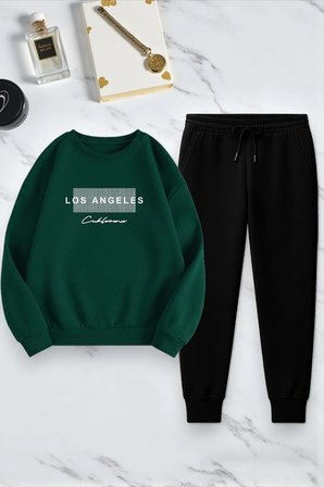 Unisex Los Angeles Baskılı Oversize Bisiklet Yaka Sweatshirt 2'li Eşofman Takımı