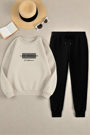 Unisex Los Angeles Baskılı Oversize Bisiklet Yaka Sweatshirt 2'li Eşofman Takımı