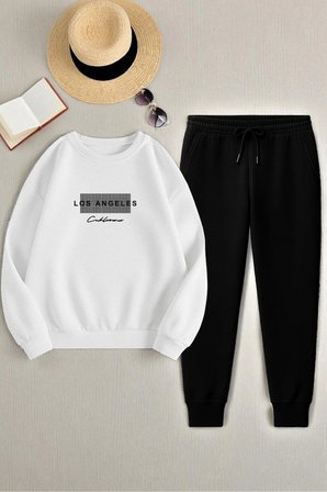 Unisex Los Angeles Baskılı Oversize Bisiklet Yaka Sweatshirt 2'li Eşofman Takımı