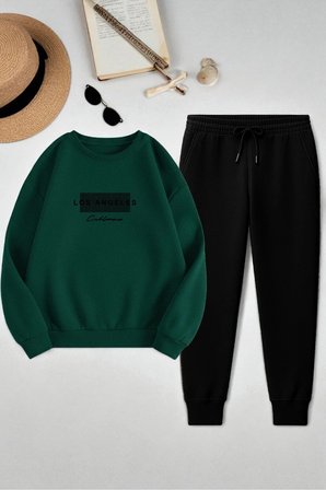 Unisex Los Angeles Baskılı Oversize Bisiklet Yaka Sweatshirt 2'li Eşofman Takımı