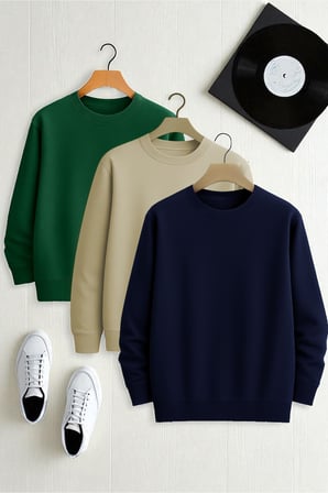 Unisex 3'lü Yeşil Bej Lacivert Bisiklet Yaka Sweatshirt