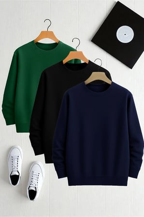 Unisex 3'lü Yeşil Lacivert Siyah Bisiklet Yaka Sweatshirt
