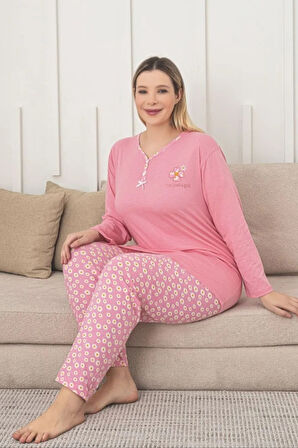 X-Dreamy Büyük Beden Pamuklu Desenli Uzun Kollu Pijama Takımı 