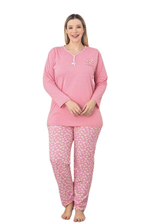 X-Dreamy Büyük Beden Pamuklu Desenli Uzun Kollu Pijama Takımı 