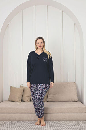 X-Dreamy Büyük Beden Viskon Desenli Uzun Kollu Pijama Takımı