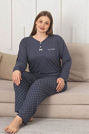 X-Dreamy Büyük Beden Bambu Desenli Uzun Kollu Pijama Takımı