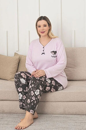 X-Dreamy Büyük Beden Viskon Desenli Uzun Kollu Pijama Takımı