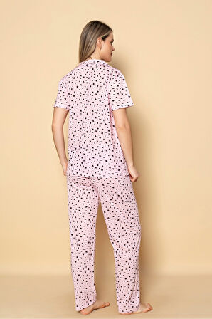 Dreamy Pamuklu Kalp Desenli Kısa Kollu Düğmeli Gömlek Pijama Takımı