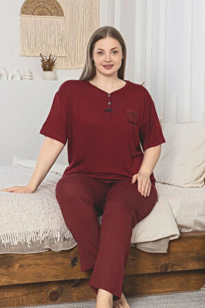 X-Dreamy Büyük Beden Viskon Desenli Kısa Kollu Pijama Takımı