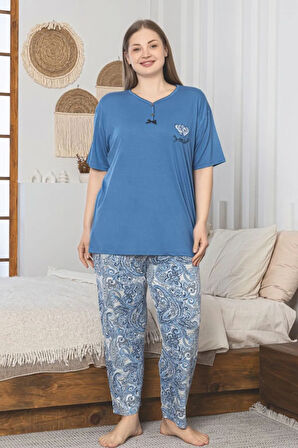 X-Dreamy Büyük Beden Viskon Desenli Kısa Kollu Pijama Takımı