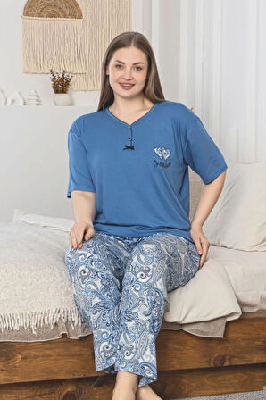 X-Dreamy Büyük Beden Viskon Desenli Kısa Kollu Pijama Takımı