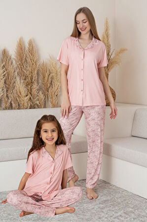 Anne Kız Kombin Çiçekli Kısa Kollu Gömlek Pijama Takımı (ANNE KIZ AYRI SATILIR)