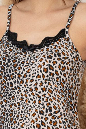 Dreamy Milan Dantel Detaylı Leopar Desenli İp Askılı Şortlu Takım