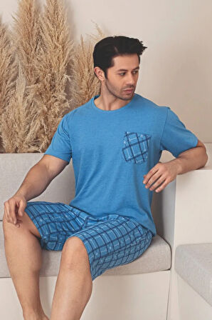 Dreamy Pamuklu Cepli Desenli Kısa Kollu Şortlu Erkek Pijama Takımı