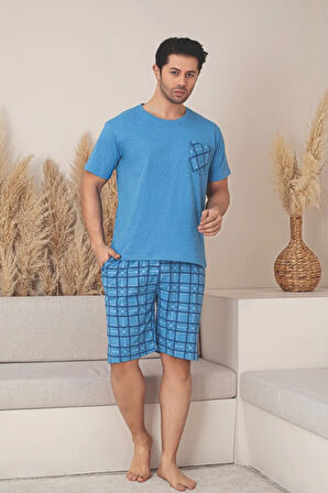 Dreamy Pamuklu Cepli Desenli Kısa Kollu Şortlu Erkek Pijama Takımı