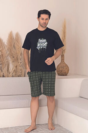 Dreamy Pamuklu Cepli Desenli Kısa Kollu Şortlu Erkek Pijama Takımı
