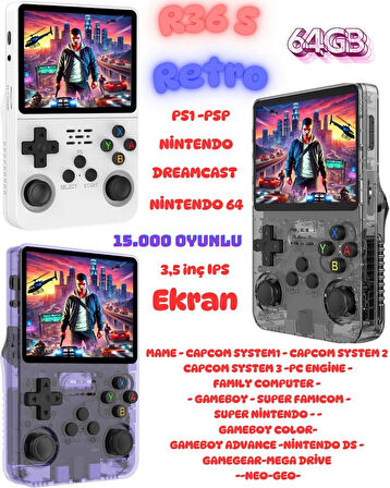 Konsol Plus R36S Retro El Oyun Konsolu 3,5 inç IPS Ekran 15 000 Oyun 64 Gb 8 Renk