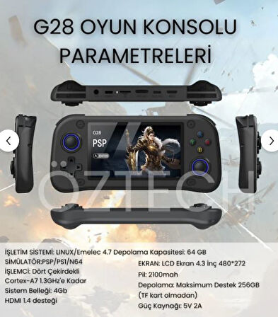 G28 Retro Oyun Konsolu 4.3 Inç Ekran 64GB 21555 Oyunlu Türkçe Menülü