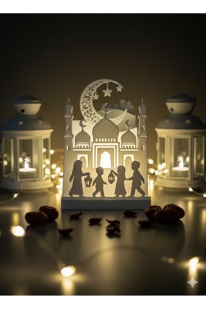 Ramazan Ayına Özel İşıklı Masaüstü Dekor – 8X11 Cm Led’Li Cami Ve Çocuk Figürlü Ramazan Süsü