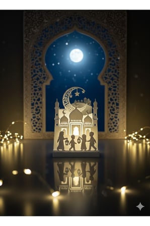 Ramazan Ayına Özel İşıklı Masaüstü Dekor – 8X11 Cm Led’Li Cami Ve Çocuk Figürlü Ramazan Süsü