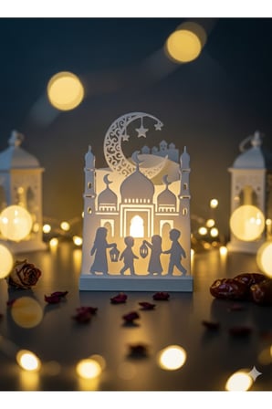 Ramazan Ayına Özel İşıklı Masaüstü Dekor – 8X11 Cm Led’Li Cami Ve Çocuk Figürlü Ramazan Süsü