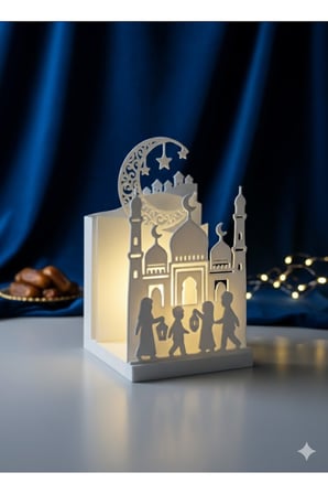 Ramazan Ayına Özel İşıklı Masaüstü Dekor – 8X11 Cm Led’Li Cami Ve Çocuk Figürlü Ramazan Süsü