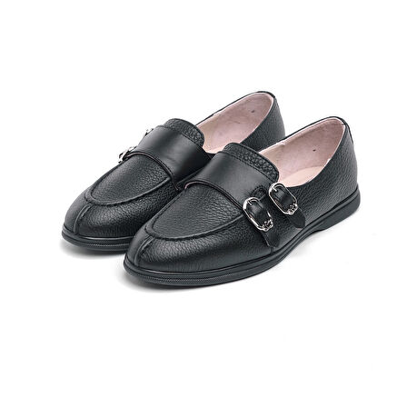 Casual Hakiki Deri Çift Tokalı Kadın Ayakkabı 